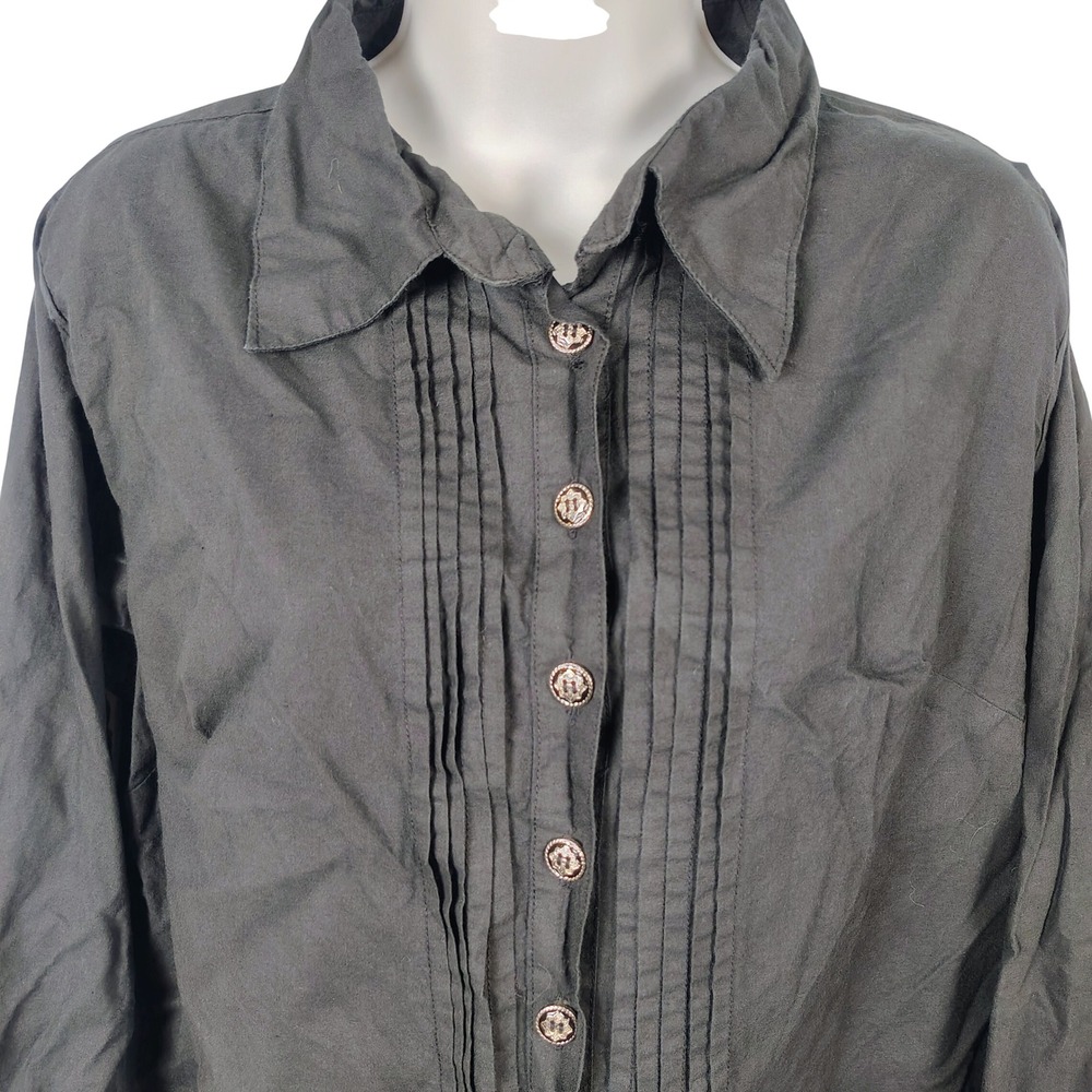 Cattlelac Ranch Womens M Pintuck Button Down Shirt Charcoal Grey Cotton Western